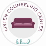 Image is of a mauve couch in the center with the name of the company "Listen Counseling Center" in mauve arching around it. Underneath the couch the tagline "be heard" is in teal. The logo is circular, like life.