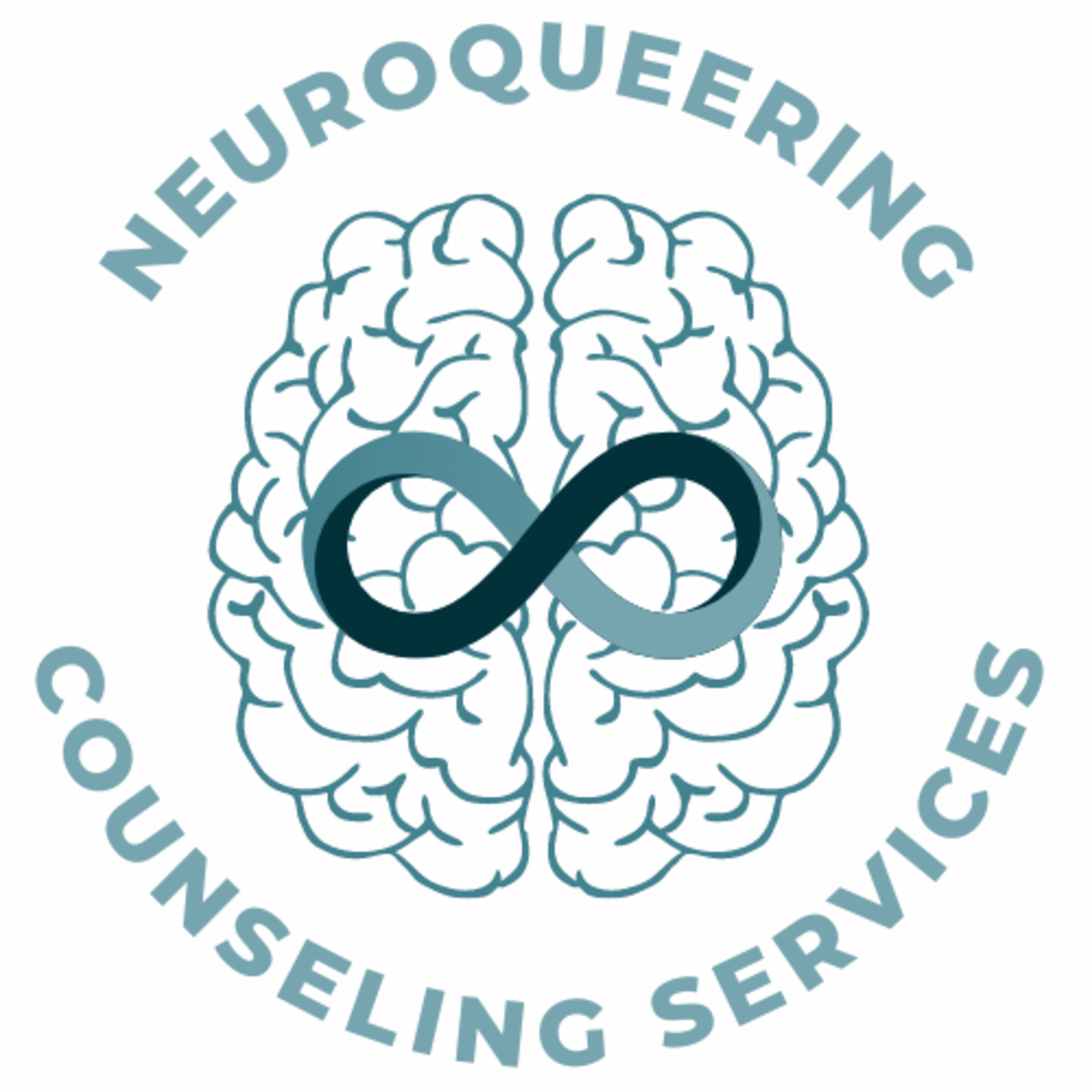 Image of Lauren's practice's logo that says, "Neuroqueering Counseling Services," with a teal outline of a brain, and on top, the infinity symbol/Autistic affinity sign.